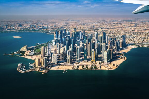 Doha city view qatar from windows of airplane