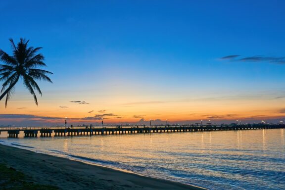 Tropical Beach Sunset with Palm Tree and Pier Sunrise over East Coast Park