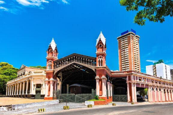 Central Railway Station Building under Blue Sky Estación Central del Ferrocarril, a historic railway station constructed in 1864