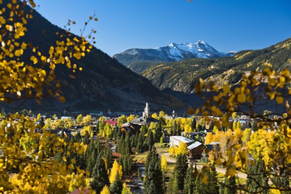 Mountains and fall foliage surround Silverton, Colorado.