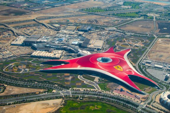 Aerial View of Ferrari World Theme Park Ferrari World, housed under a massive iconic red roof