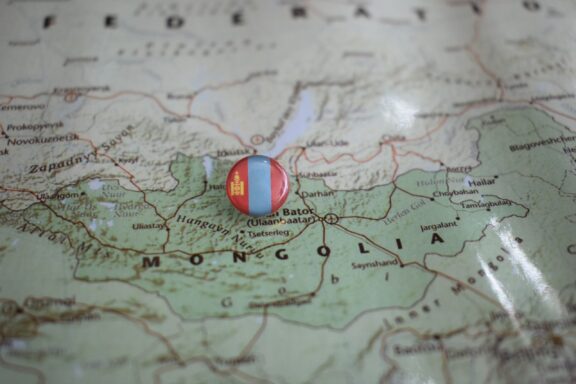 The Mongolian flag pin on Ulaanbaatar's location