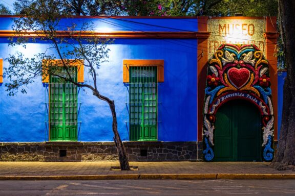 Colorful Facade of Frida Kahlo Museum The Frida Kahlo Museum, a historic house museum dedicated to the life and work of Mexican artist Frida Kahlo