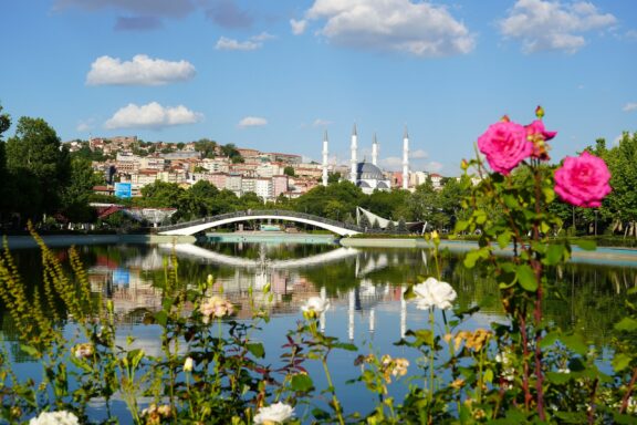 Park with Bridge and Roses in Foreground Gençlik Park, opened in 1943, is one of the first large public parks in the Ankara