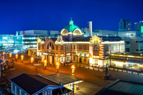 Illuminated Train Station at Night Gyeongseong Railway Station, established during the Japanese annexation