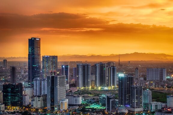 Hanoi Financial District Skyline at Sunset Modern urban and financial district in Hanoi.