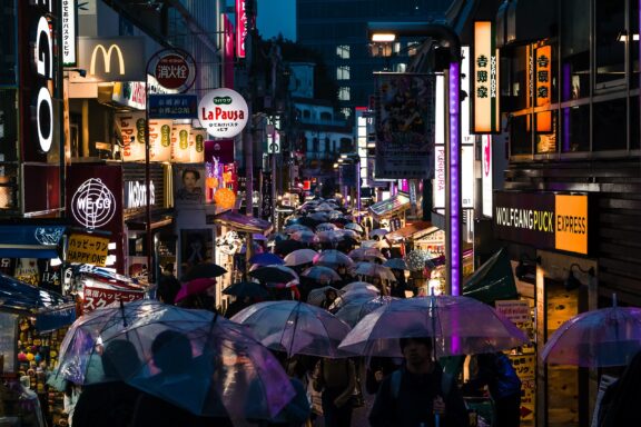 Evening Crowds with Umbrellas on Takeshita Street, Harajuku Harajuku Takeshita Street on a rainy day