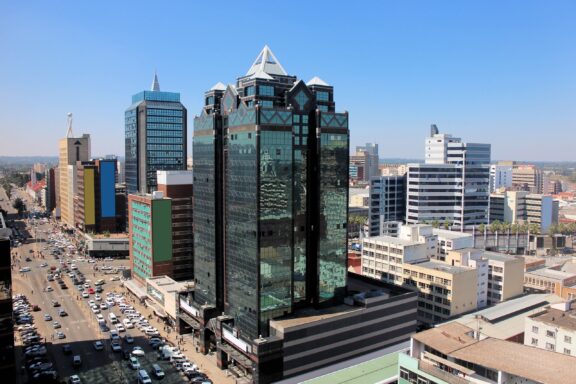 Aerial View of a Busy Commercial District with High-Rise Buildings The main commercial area of Harare with modern highrise buildings
