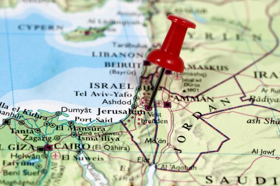 Pinned location of Jerusalem, Isreal, and its neighboring countries and cities