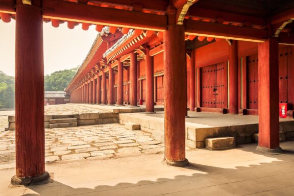 Traditional Korean Shrine Corridor with Red Doors Jongmyo Shrine, a UNESCO World Heritage Site