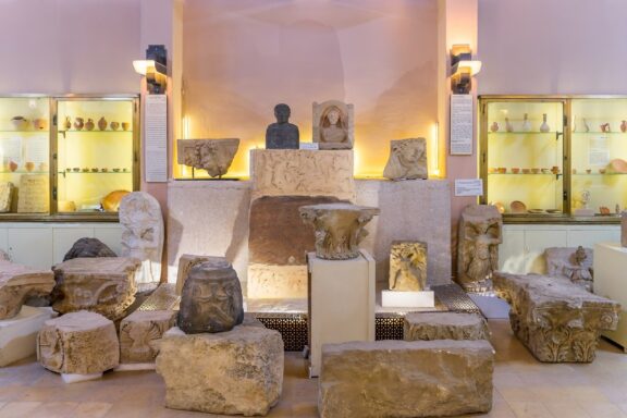 Museum Interior with Ancient Artifacts Display An exhibit within the Jordan Archaeological Museum
