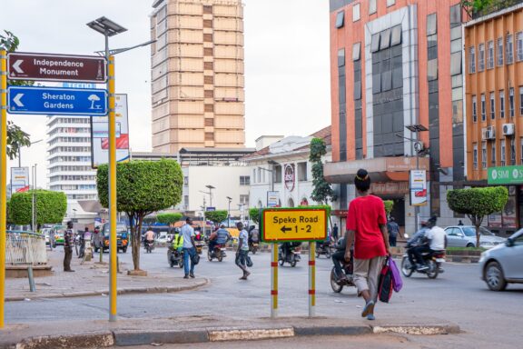 Downtown Street Scene in Kampala with Pedestrians and Traffic Downtown Kampala, the main commercial area of Kampala