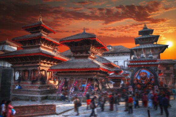 Sunset at Kathmandu Durbar Square with Crowds Temples in Kathmandu Durbar Square
