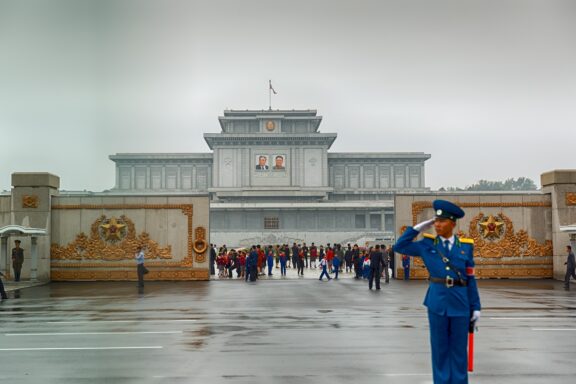 Guard Saluting at Kumsusan Palace of the Sun on Overcast Day Kumsusan Palace of the Sun, a mausoleum housing the bodies of Kim Il-sung and Kim Jong-il