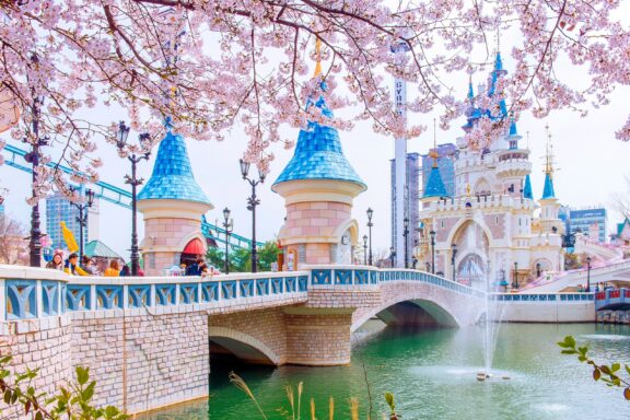 Cherry Blossoms at Lotte World Amusement Park Lotte World, featuring the world's largest indoor theme park