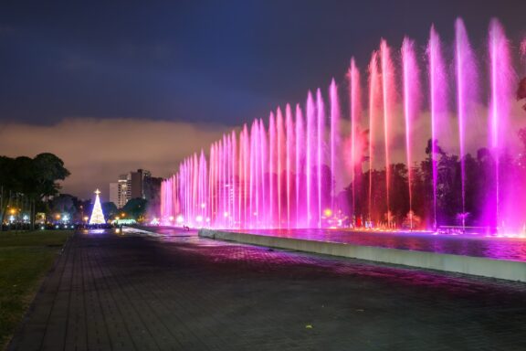 Illuminated Water Fountains at Night Magic Water Circuit, the world's largest fountain complex in a public park