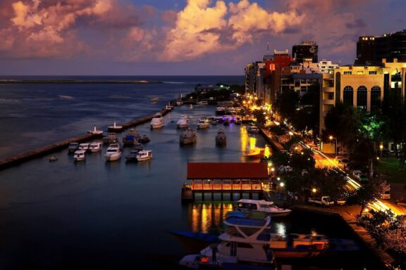 Twilight at Male' City Waterfront, Maldives Sunset over the coastal side of Malé