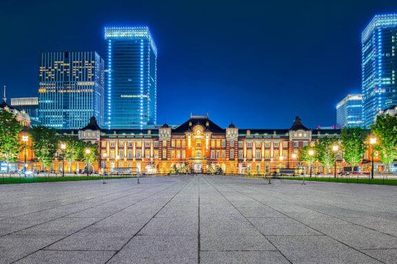 Night View of Marunouchi Station with Illuminated Buildings Tokyo Station in Marunouchi, originally constructed in 1914