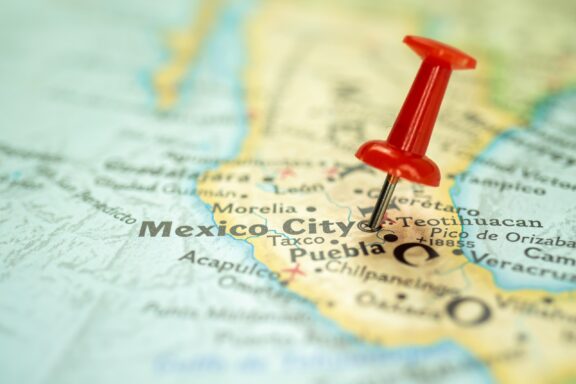 Red Pin on Mexico City Map Close-up location of Mexico City pinned