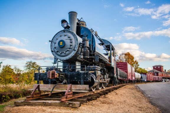 The view of the front of an antique train at the Essex Train Station in Middlesex County.