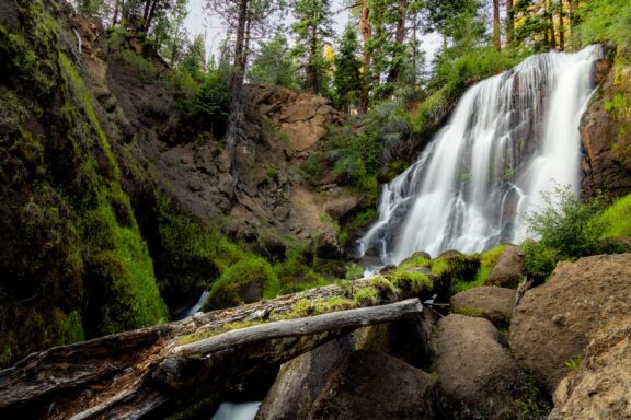 Mill Creek falls are surrounded by rocks and trees in Modoc County.