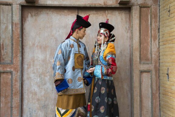 Mongolian Couple in traditional Mongolian outfits