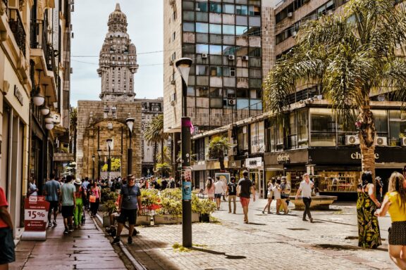 Street Scene in Montevideo's Old Town Pedestrians stroll through the cobbled streets in Ciudad Vieja