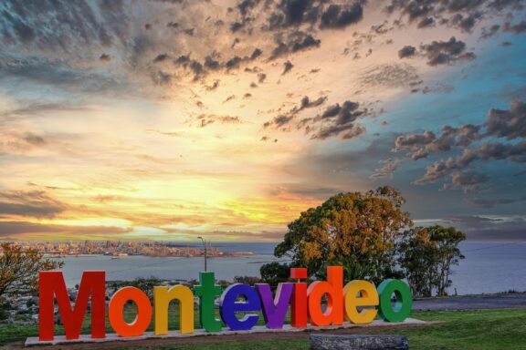 Montevideo Sign at Sunset "Montevideo" sign near the Fortress General Artigas, offering panoramic views of the city