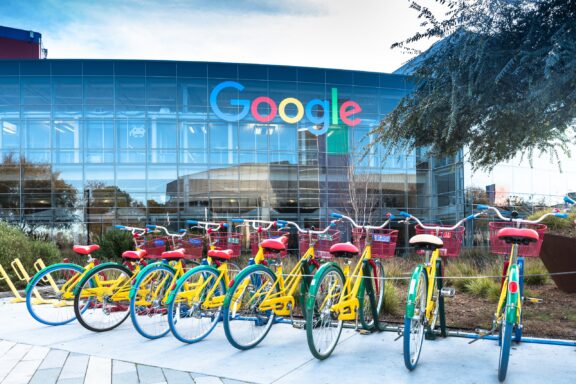 Colorful bicycles are parked outside of the Google headquarters in Mountain View, California.