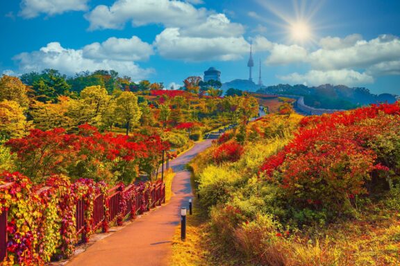 Autumn Colors in Namsan Park with Seoul Tower in the Distance Namsan Park, opened to the public since 1962