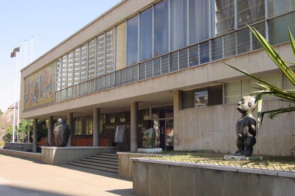 Exterior View of the National Gallery of Zimbabwe with Sculptures The National Gallery of Zimbabwe in Harare