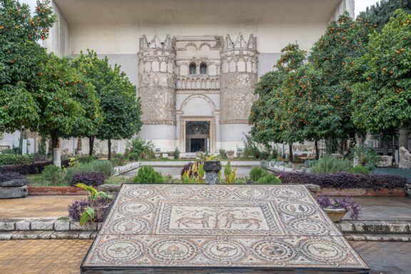 Exterior View of National Museum of Syria with Garden and Mosaic National Museum of Syria, housing artifacts from various epochs
