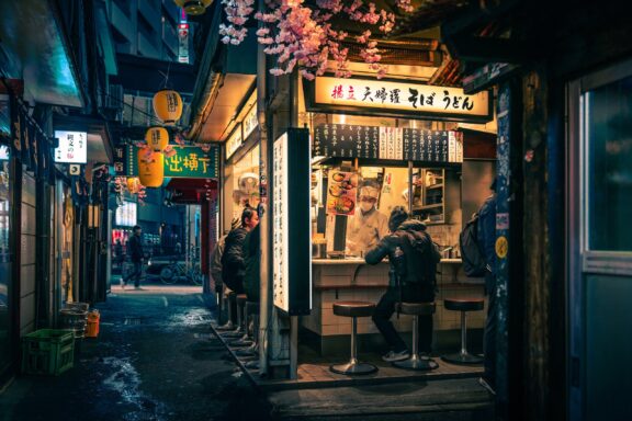 Nighttime at a Cozy Alleyway Eatery in Tokyo Omoide Yokocho Alley, renowned for its selection of small, intimate dining spots