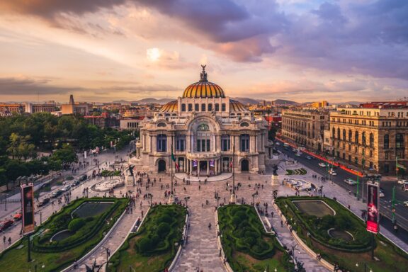 Dusk View of a Grand Historical Building with Dome The Palace of Fine Arts in Mexico City