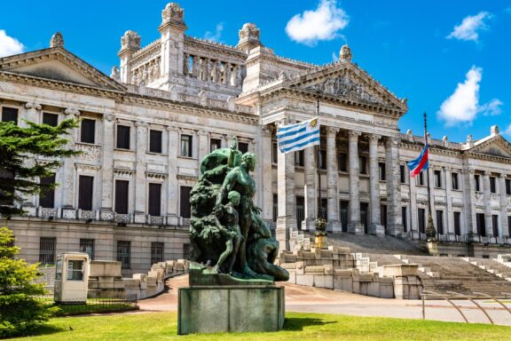 Neoclassical Legislative Palace with Sculpture and Flags Palacio Legislativo, constructed in the early 20th century