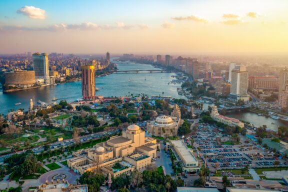 An aerial view of the Nile as it flows through Cairo at sunset.