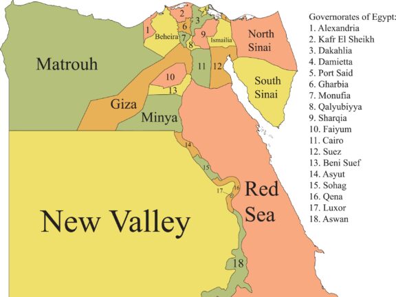 A color-coded map of Egypt's Governorates.