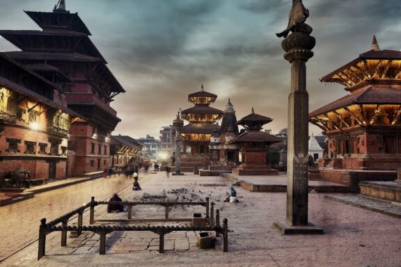 Dusk at Patan Durbar Square with Temples and Street Lights Patan Durbar Square, is UNESCO World Heritage Site