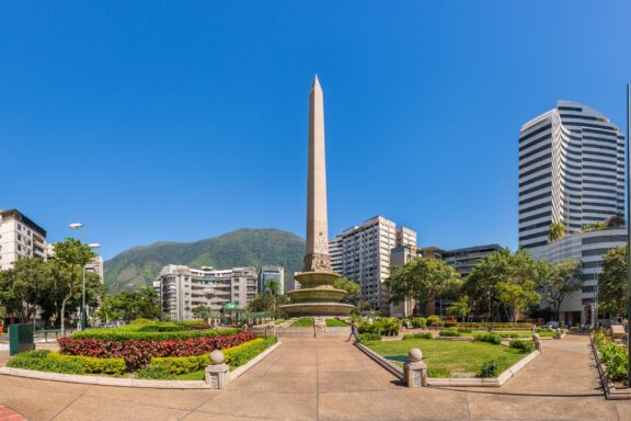Plaza Francia in Caracas with Obelisk and Modern Buildings Plaza Francia, known for its obelisk and reflecting pool, a nod to Venezuelan-French relations
