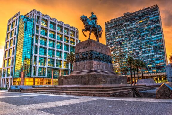 Sunset at Plaza Independencia with Equestrian Statue Plaza Independencia, dominated by the Artigas Mausoleum statue