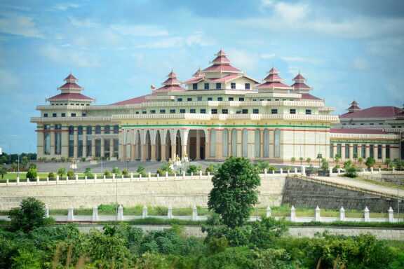 Grand Government Building with Multiple Roofs and Pillars Pyidaungsu Hluttaw, the seat of the government in Naypyidaw
