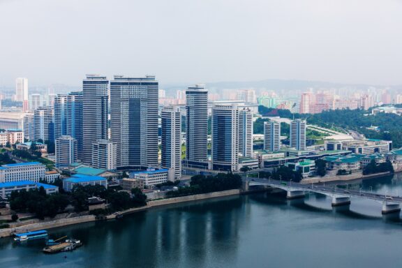 Downtown Pyongyang Skyline Downtown Pyongyang, hosting various governmental and financial institutions