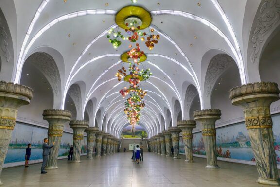 Interior of Pyongyang Metro Station Pyongyang Metro, one of the deepest metro systems in the world