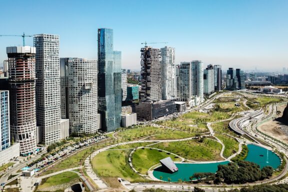 Aerial View of Santa Fe, Mexico City Santa Fe, a modern and prominent district located in the western part of Mexico City