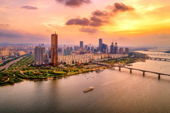 Sunset Over Seoul Skyline and Han River The landscape of Seoul and the Han River