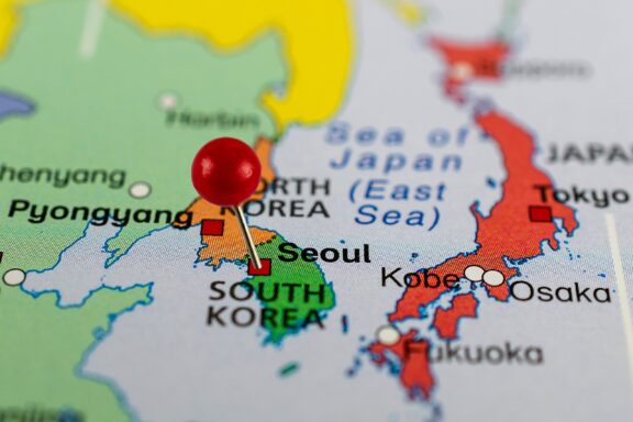 Location Pin on Seoul, South Korea Map Close-up location of Seoul near the border with North Korea