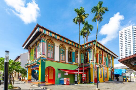 Colorful Building in Singapore's Little India Colorful facade building, typical for Little India.