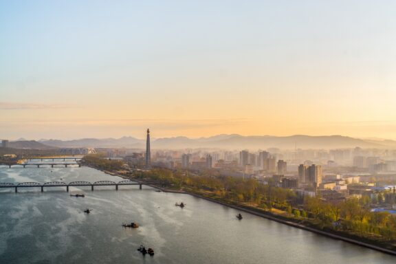 Landscape of Pyongyang with Taedong River in the frontline