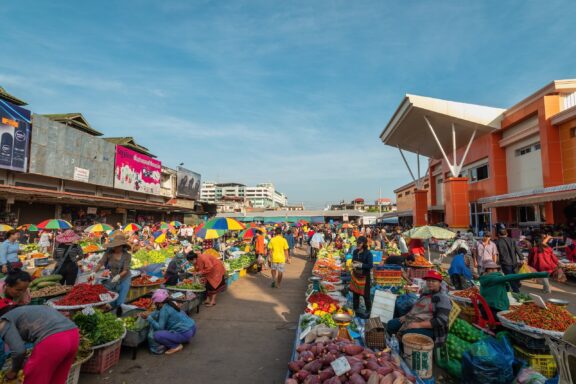 Bustling Outdoor Market Scene Talat Sao Market, a bustling marketplace offering a mix of traditional products and modern goods.