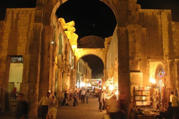 Nighttime View of the Temple of Jupiter in Damascus Temple of Jupiter, Damascus, reflecting Damascus's rich Roman past